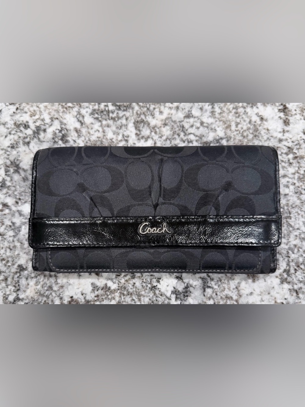 Coach Black Signature Continental Wallet with Patent Trim